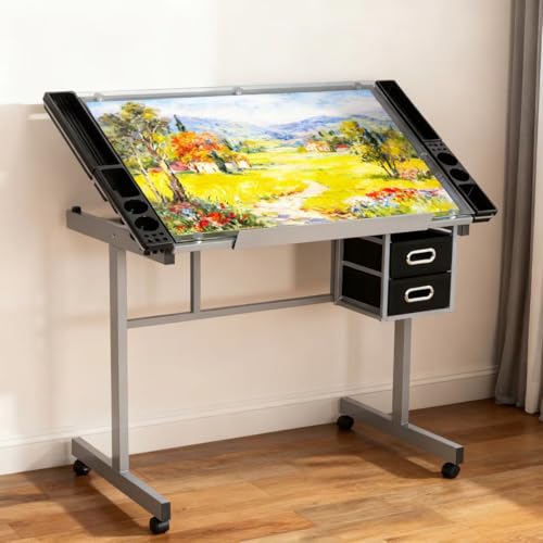 ZENY Drafting Table on Wheels with Storage Drawers, Adjustable Glass Tabletop, Craft Table Drawing...