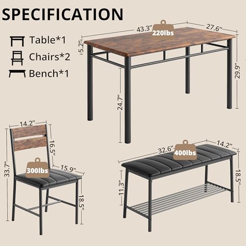 image for IRONCK Dining Table Set for 4, Kitchen Table with Upholstered Bench an