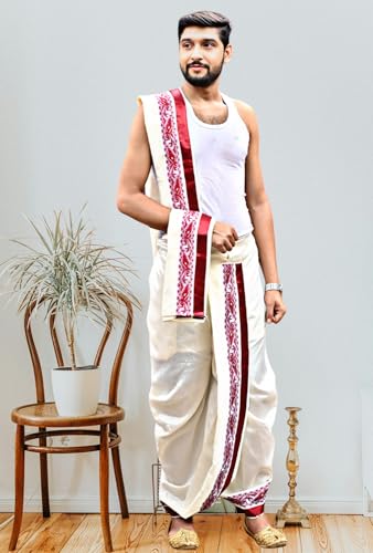 Image of Men's Ethnic | Traditional Ready to wear (Pant System) Readymade Panchakacham Dhoti With Angavastram(Towel) Set, Tassar Silk, Free Size (GC002)
