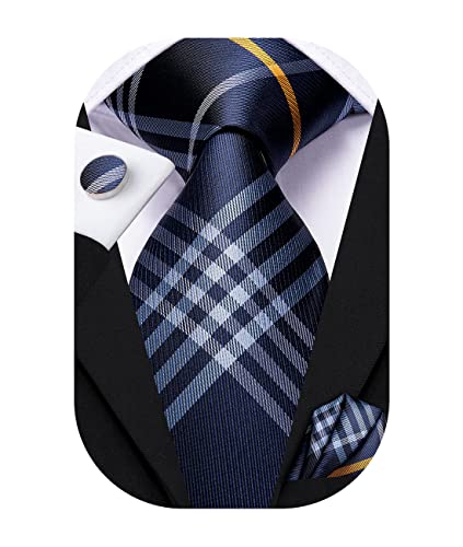 Image of Hi-Tie Mens Plaid Ties Classic Paisley Necktie with Handkerchief Cufflinks Set Business Stripe Tie