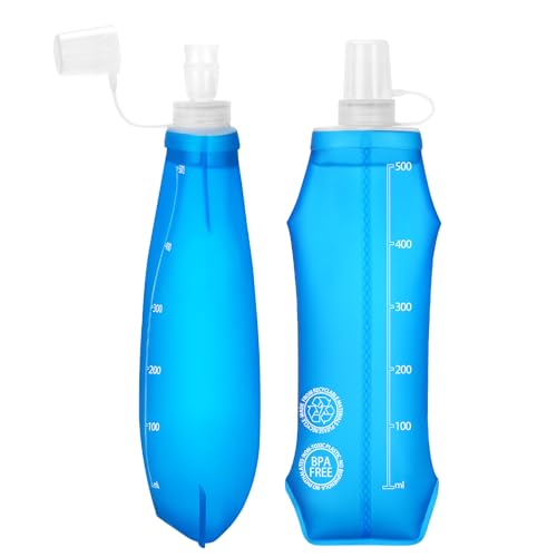 Euqvunn 2 Stück Faltbare Trinkflasche – BPA-frei TPU, Wiederverwendbare Soft Flask 500ML – Staubdicht und Auslaufsicher, Ideal für Laufweste, Laufen, Wandern, Camping, Radsport und Reisen