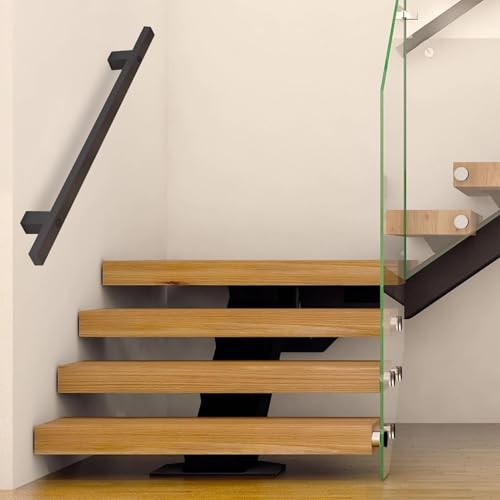 Pasamanos de escalera modernos para paredes, 60cm 80cm 1m 150cm 2m 3m pasamanos de tubo cuadrado de metal negro, barra de apoyo antideslizante para escaleras interiores y exteriores, pasillo de loft(8