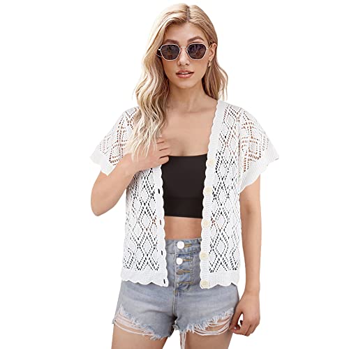 Image of Women's Open Front Knit Cropped Bolero Shrug Cardigan Sweater Short Sleeve V Neck Hollow Out Top