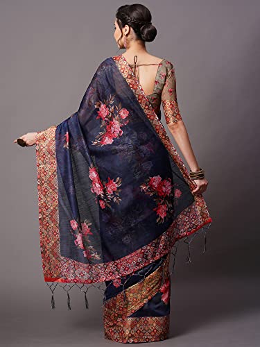Image of AKHILAM Women's Ikat Linen Saree With Blouse Piece