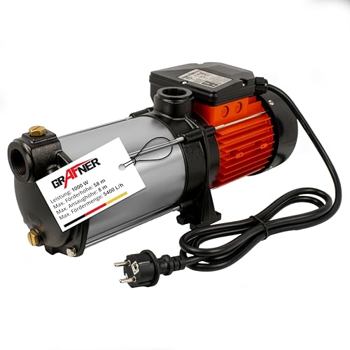 Grafner Premium Kreiselpumpe mehrstufig, 5400 l/h 1000 Watt, 5,8 bar, Förderhöhe 58m, Ansaughöhe 8m, selbstansaugende Wasserpumpe, Edelstahl Gartenpumpe Hauswasserwerk Brunnenpumpe Brauchwasserpumpe
