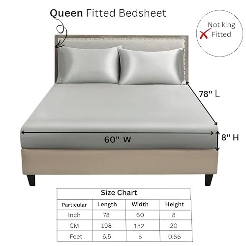 Image of RD TREND Microfiber Satin Weave Fitted Bedsheets for Queen Size Bed 78x60x10 Inch with 2 Pillow Covers-18x28 Inch | 400 TC All Around Elastic | Silver