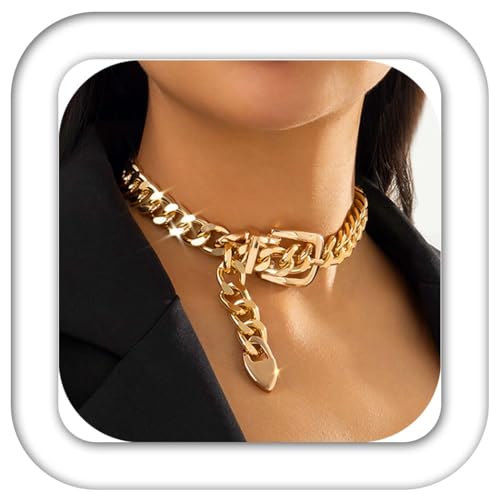 CLOACE Gold Belt Buckle Choker Necklace Punk Cuban Chunky Choker Necklaces Vintage Thick Chain Short Necklace for Women