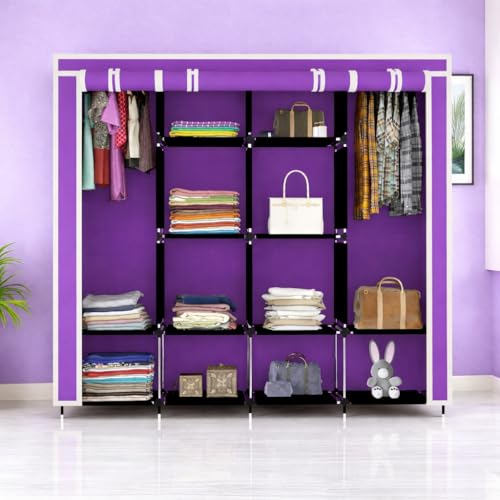 Image of 12-Shelf Collapsible Wardrobe - Portable Foldable Purple Almirah with Plastic Frame, Fancy Layer Rack for Clothes Organizer (Model 88370)