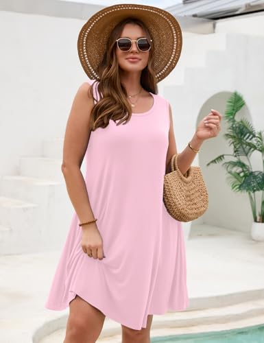 Image of JollieLovin Women Plus Size Curvy Summer Tank Sun Dresses Sleeveless Causal T-Shirt Dress Beach Swing Cover up(L-5X)