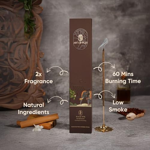 Image of Sandalwood Handcrafted Incense - 30 Agarbatti Stick | 1 Hr Burning Time, 2+ Hr Fragrance Retention | Rich Chandan Aroma | Free Agarbatti Holder | Incense Sticks for Home