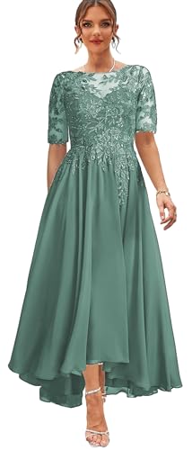 High Low Mother of The Bride Dresses for Women Tea Length Formal Dress Sparkly Lace Evening Gowns with Sleeves3