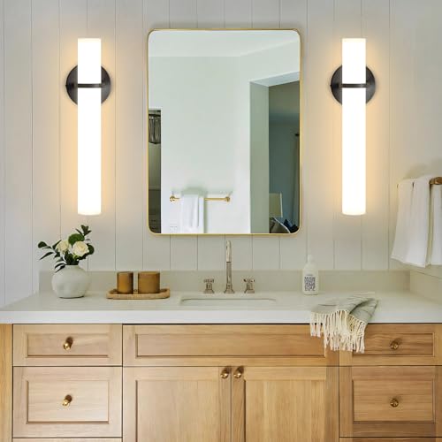 Image of 16W LED Dimming Wall Sconces 2 Packs, 3000K Warm Lights Dimmable, White Lampshade Bathroom Vanity Lighting Wall Light Fixtures for Bedroom Dining Living Hallway, Black