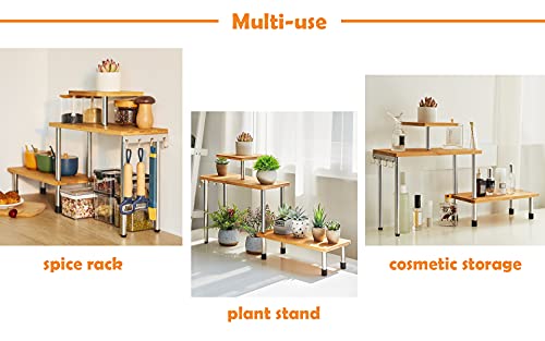 Petuppy 3 Tier Corner Shelf-Bamboo & Metal Spice Rack With Hooks-Desk Bookshelf Display Shelves Space Saving Organizer,Freestanding Countertop Display Shelves For Bathroom & Office #TOP2