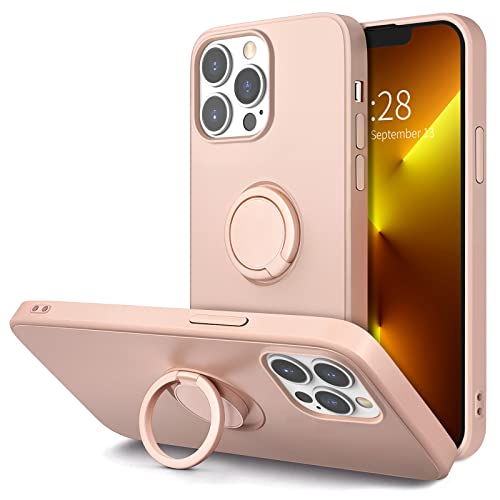 Hython for iPhone 13 Pro Case with Ring Stand [360 Rotatable Ring Holder Magnetic Kickstand] [Soft Microfiber Lining] Slim Shockproof Rubber Protective Phone Case Cover for Women Pink Sand