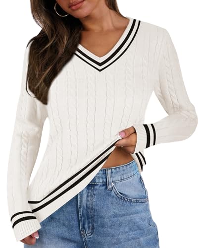 Cable Knit Sweater Women Soft V Neck Tops Long Sleeve Pullover Clothes Casual Trendy Outfits3