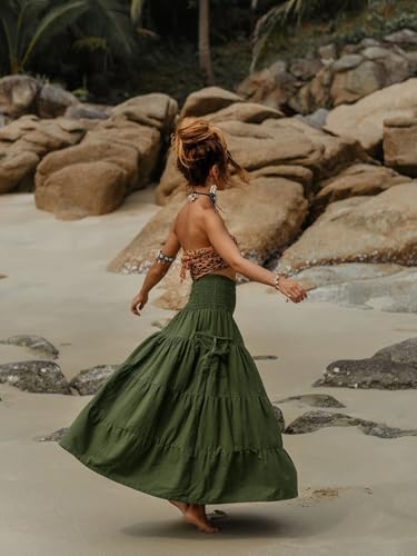 Women’s Vintage Smocked High Waist Tiered Maxi Skirts Boho A-line Casual Loose Flowy Long Skirt with 2 Pockets3