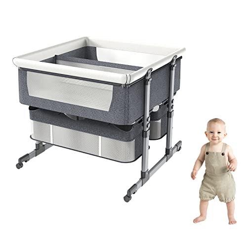 Culla Accanto al Bambino, Lettino Gemelli con Cestino portaoggetti, Culla Sleep by Me, co-Sleeping, 6 Lettino Pieghevole Facile Regolabile in Altezza, Lettino Portatile per Neonato, Neonato, Neonato
