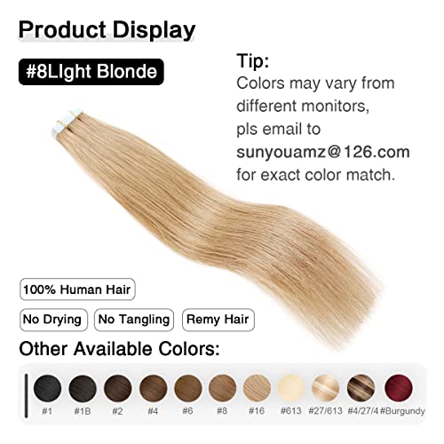 Image of SUYYA Tape In Hair Extensions Human Hair 14 Inch #16 Light Blonde | Remy Human Hair, Invisible Skin Weft, Soft & Silky Straight Hair, 20PCS 40G, Seamless Blend, Add Length & Volume