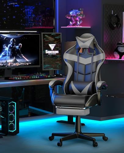 كرسي من تشولوفز للألعاب والعمل والاسترخاء، يتميز بارتفاع قابل للتعديل ودوار وقابل للإمالة مع مسند قدم ودعم لأسفل الظهر ومسند رأس، مصنوع من معدن الأوك، باللون الرمادي