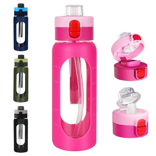 ANOTION 24OZ Glass Water Bottle, Large Sports Water Bottle with Dual-Drink Lid Clear Leakproof Glass Bottles with Straw, Motivational Jug with Silicone Sleeve and Time Marker for Travel Gym-Pink