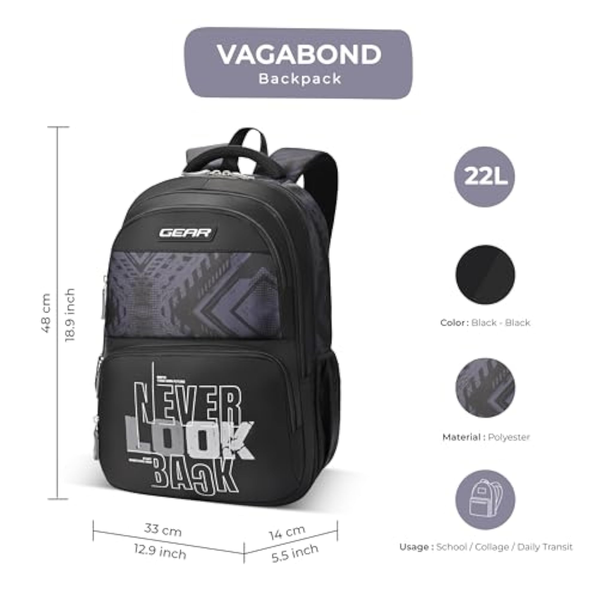 Vagabond 19"/24L Large Water Resistant School Bag