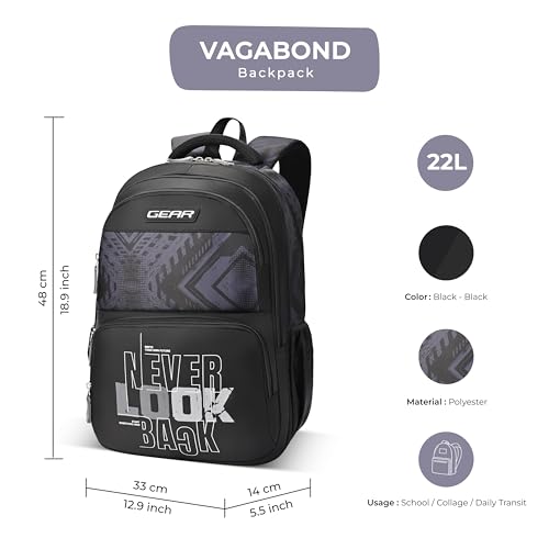 Image of Gear Vagabond 19 inch /24L Large Water Resistant School Bag /Casual Backpack /Daypack /Laptop Bag for Boys /Girls (Black - Black)