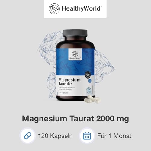 HealthyWorld® Magnesium Taurat 2000 mg - 120 Pflanzenkapseln - Magnesium + Taurin - Hoher Gehalt - Für Muskeln und Nervensystem - Gut verträglich