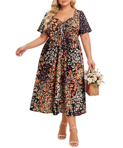Image of CARCOS Plus Size Dresses for Curvy Women Tie Sweetheart Neck Summer Maxi Dress Short Sleeve Empire Waist Floral Boho Dress