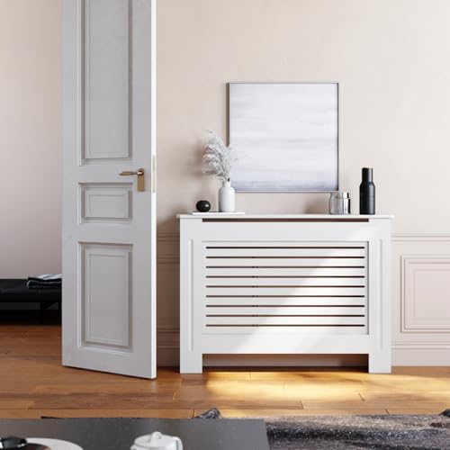 ELEGANT Radiator Cover White, Horizontal Slat Design Radiator Shelve, Wooden Heating Cover, Modern MDF Cabinet for Living Room, Bedroom, Hallway, Medium