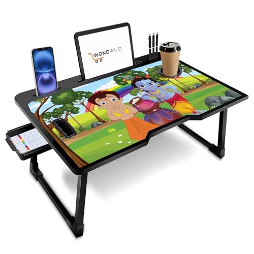 Image of WONDWILD Premium Foldable Wooden Mini Laptop Table for Bed, Study Table with Drawer, Tablet /Mobile Holder for Kids & Adults (BK COTTED)