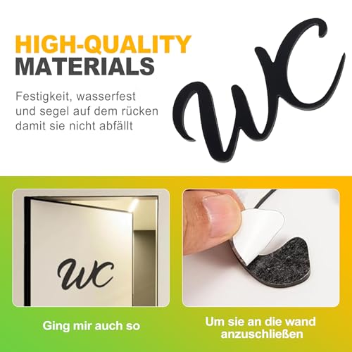 BondEron WC Schild 15x10 cm, Selbstklebend Ohne Bohren, Toilettenschild Robustes Acryl Modern, Türschild für Innenbereich Öffentliche Toiletten Büro, Schwarz