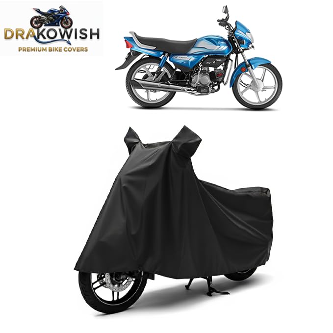 Image of DRAKOWISH Waterproof Bike Cover for Hero HF Deluxe | All Weather Protection from Rain, Dust, UV Rays & Scratches with Mirror Pockets & Buckle Belt | HF Deluxe Bike Cover
