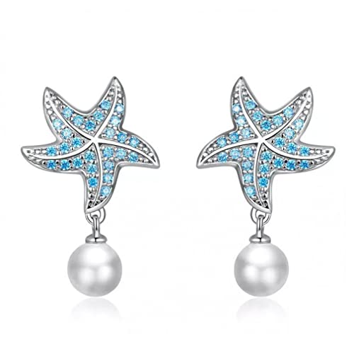 Boucles d'oreilles étoile de mer bleu océan et perles de fiançailles pour femmes