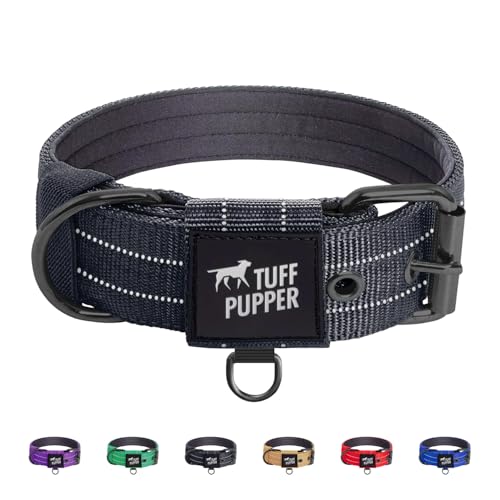 Image of Tuff Pupper Heavy Duty Tactical Dog Collar | 1.5 inch Wide Ballistic Nylon | Reflective Stitching | Integrated ID Tag Holder | Stainless Steel Buckle | Padded Lining | Medium & Large Dogs (Black, Medium)