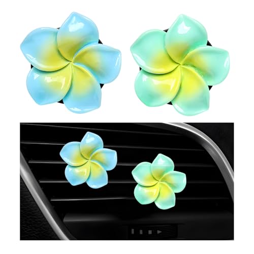 Image of 2PCS Flower Car Air Vent Clips, Colorful Tropical Flower Air Freshener Vent Clips with Aromatic Pad, Air Conditioning Outlet Clip Plumeria Flower Decoration (Blue+Green)