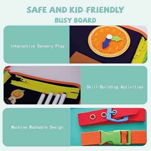 Image of TUNJILOOL Busy Board Montessori Toys for Kids Toddler, 10 in 1 Activity Sensory Board Learning Toys for Learning & Education Toys Travel for Boys Girls (Light Blue-4Page with Sling)