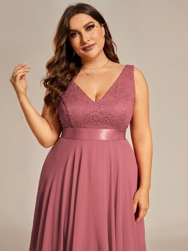 Image of Ever-Pretty Plus Women's V Neck Sleeveless Asymmetric Hem Lace Chiffon Short Summer Plus Size Wedding Guest Dresses Cameo Brown US26