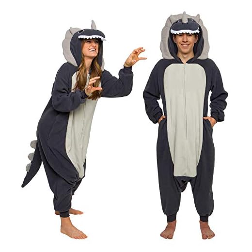 Silver Lilly Triceratops Costume Pajamas - Unisex Adult One Piece Halloween Dinosaur Jumpsuit (Grey, Large)