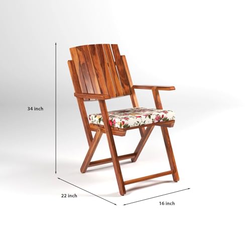 Image of Sheesham Wooden Brown Color with Printed Cushion Portable Foldable 4 Seater Chair with Table Set Outdoor Balcony Garden Coffee Table Set Furniture