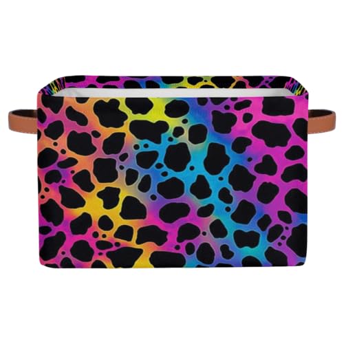 Animal Leopard Print Skin Storage Basket Collapsible Cloth Storage Cube Basket Bins Organizer with Handles Rectangular Large Toys Shelf Closet for Nursery Bedroom Home Office