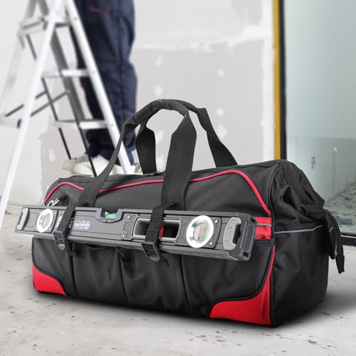 Image of HAUTMEC 24 inch Heavy-Duty Large Tool Bag, 1680D Wear-Resistant Wide Mouth Tool Bag with Metal Frame & Hard Base, 36 Pockets, Level Holder, Anti-Tangle Padded Shoulder Strap - HT0284