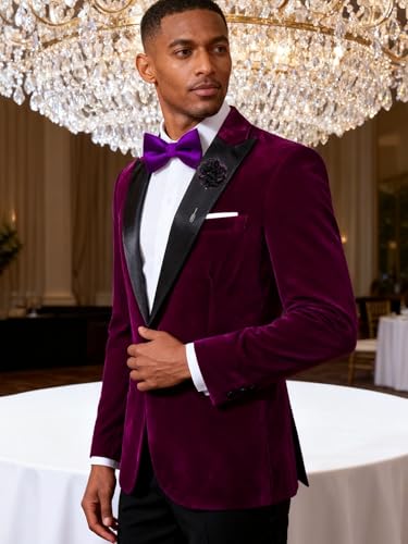 Image of Barry.Wang Velvet Mens Blazer Mardi Gras Sport Coat Brooch Regular Fit Tuxedo Peaked Lapel Suit Jacket Carnival Parade