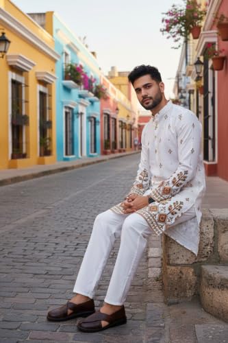 Image of Trustous Men's White Printed Kurta | Stylish Ethnic Wear Kurta for Men | Regular Fit Traditional Kurta | Festive, Wedding, Party & Casual Wear
