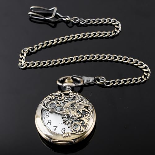 Image of Dragon Design Quartz Pocket Watch Roman Numerals with Chain Birthdays Gifts for Father's Days
