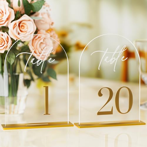iFaveorr Arch Wedding Table Numbers 1-20 with Stands, Elegant Gold Number 5.5 x 7” Arch Acrylic Signs with Holder, Clear Acrylic Table Numbers for Wedding Reception, Anniversary, Party, Events