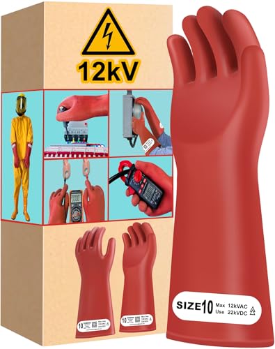 High Voltage Electrical Gloves 12000V 1-Year Returnless Refund 1.8mm Thick Rubber Insulated Safety Gloves Electrician Protection Equipment Shock Proof Heavy Duty Work Gloves 1 Pair Size 10 Red 12kV