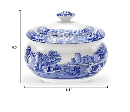 Spode Blue Italian Covered Sugar Bowl - 9oz Earthenware Dish, Vintage Inspired Featuring Scenic Countryside Artwork - Dishwasher, Microwave, Freezer Safe - Ideal for Afternoon Tea & Brunch