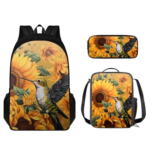 Set zaino per bambini 3 pezzi leggero con borsa per il pranzo e astuccio coordinati Girasole colibrì - Giallo e verde Taglia unica Zaino per