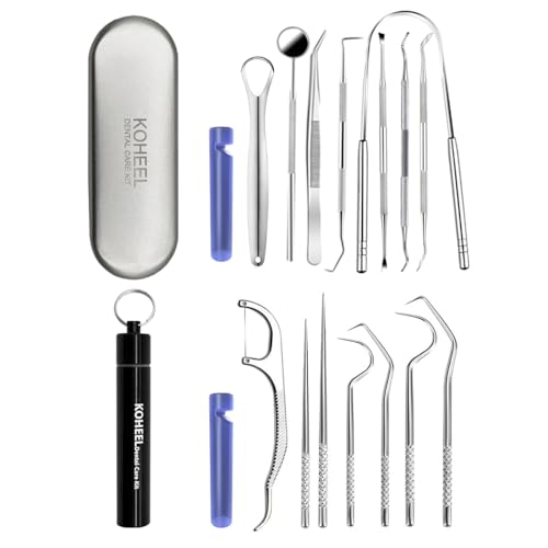 KOHEEL Dental Tools with Metal Case, Teeth Cleaning Tools Set, Remove Plaque, Oral Care Hygiene Kit & Toothpicks Pocket Set, Reusable Dental Floss Picks Kit, Tooth Picker (1 Pack)