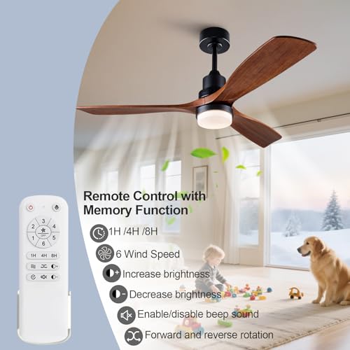 Image of 52 Inch Outdoor Ceiling Fans with Lights and Remote Control, Dimmable Outdoor Ceiling Fans for Patios 3 Blade Wood Black Walnut Bedroom Ceiling Fan with Light, Wall Switch